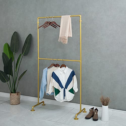 Civana 2 Tiers Iron Pipe Clothing Rack, Garment Display Shelf, Commercial Clothes Hanger, Retail Cloth Hanging Bar, Steampunk Style, Gold, 78.7Inch #TOP1