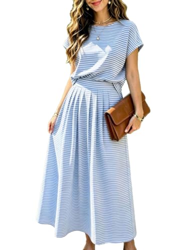 Image of Zontroldy Women's Summer 2 Piece Outfits Striped Skirt Sets Cap Sleeve Crop Top Midi Dress Matching Travel Outfits
