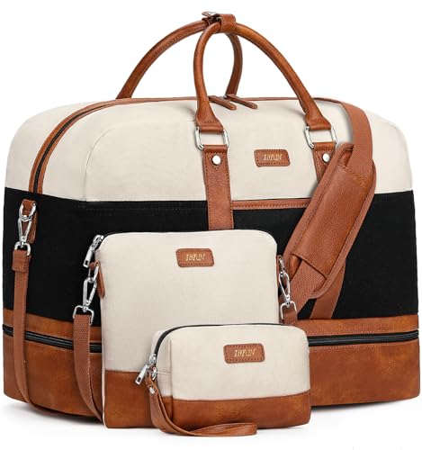 Image of Weekender Bag for Women, Large Overnight Bag Canvas Travel Duffel Bag Carry On Tote with Shoe Compartment 21 inch 3Pcs Set, A11-brown+beige+black, Large, Casual Travel