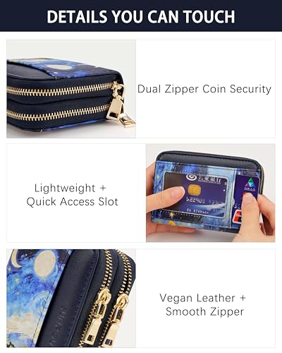 Image of Starry Cat Credit Card Holder for Women,Accordion Wallet | RFID Blocking Card Wallet, Vegan Leather with Wristlet, dual independent zipper compartments,17 Card Slots