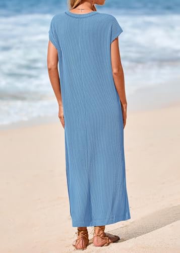 Image of KIRUNDO Womens Summer Ribbed Knit Short Sleeve Maxi Dress | 2026 Spring Henley Button Up Knitted Tshirt Dress, Loose Beach Vacation Sundress, Teacher Dress, Loose Fit Nursing Friendly