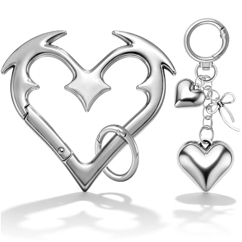 Zkptops 2Pcs Heart Carabiner Gothic Keychain CuteY2K Carabiner Keychain Aesthetic Heart Key Chain Silver Cute Fashion Key Chain Shiny Chrome Accessory for Car Keys Purse Handbag Backpack Bag Charms