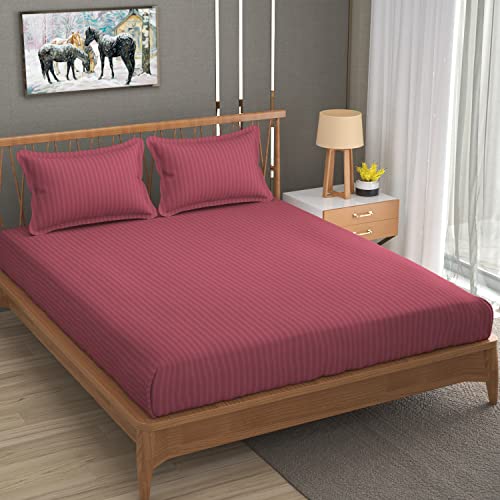 Image of 200 TC Stripe Glace Cotton BedSheet with Pillow Cover (Pink, Single)
