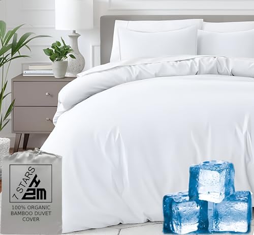 7 STARS HZM Bamboo Duvet Cover King Size 240x220 cm With Button Closing and Corner Ties 400TC Cool Anti-Allergic Soft and Silky White