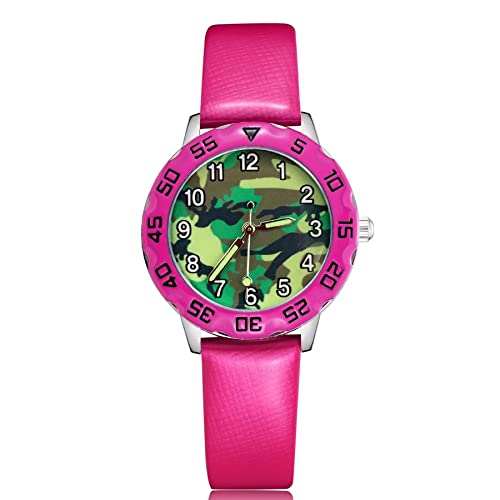 Reloj de niña Moda Dibujos Animados Bonitos Estilo de Camuflaje Estudiante Niñas Niños Relojes de Pulsera de Cuero de Cuarzo Relojes Clcok para niñas (Color : Rose)