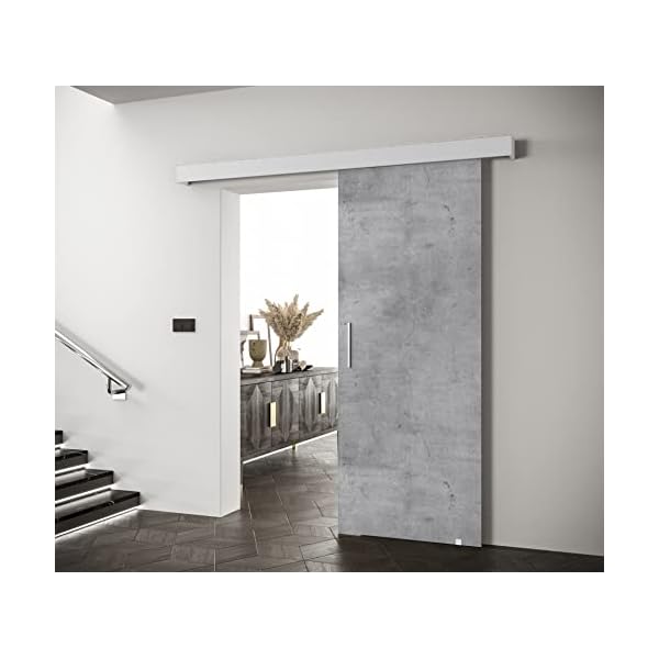 KRYSPOL Schiebetürsystem Salwador 1 Komplett-Set für Schiebetüren, Trennwände Innentüren, Modern Design (Beton/Gitter: weiß matt/Griff: Silber) – Bild 3