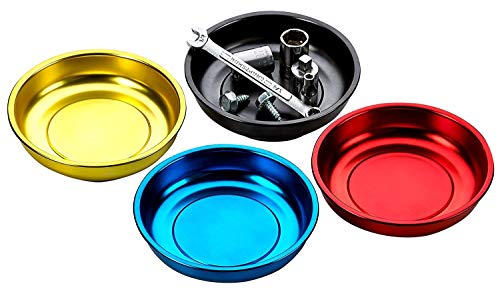 Katzco Magnetic Mini Tray Holders - 4 Pack Multi Color - Use in Garage, Home, Construction - for Nuts, Bolts, Washers, Iron, Nails, Screws, Sockets, Bits, Etc. - 4 Inch Diameter x 1-1/4 Inch Depth