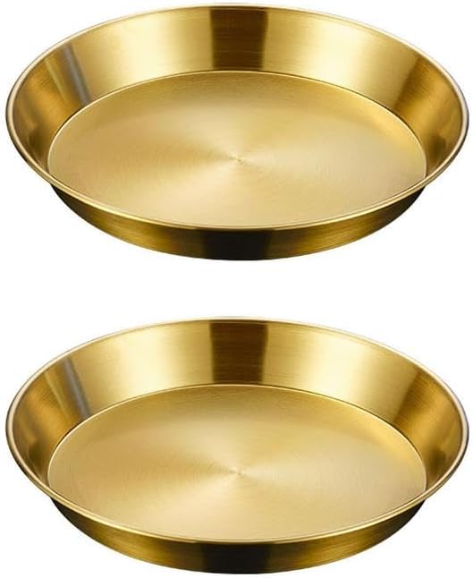 2 platos llanos de acero inoxidable, platos redondos de metal para ensalada de frutas, 7 pulgadas, color dorado
