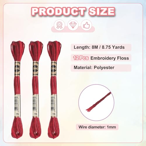 Image of PATIKIL 12 Skeins Embroidery Floss, Polyester Embroidery Threads Bracelets String for Cross-Stitch Hand Embroidery, Dark Red
