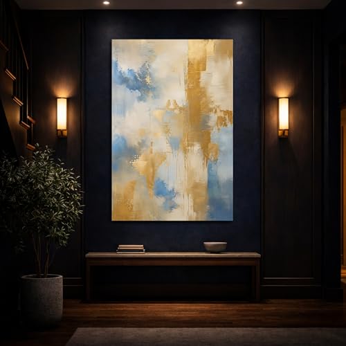 Canvas abstrait oiseaux bleu et or grand format 80x120 cm vertical - 4
