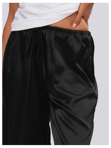 Image of MakeMeChic Women's Summer Satin Silk Pants Casual Flowy Pants Beach Vacation Wide Leg Pants