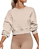 Joywayco Women's Long Sleeve Round Neck Crop Sweatshirts Comfy Fleece Casual Pullover Tops (Small, Khaki)