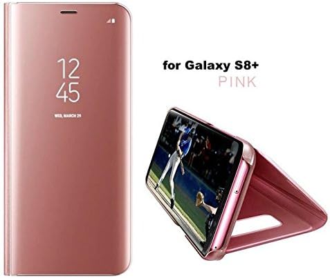 For Samsung S8+, Holder Phone Case Electroplate Clear Smart Kickstand Mirror View Flip Cover Sleep Wake (Pink)