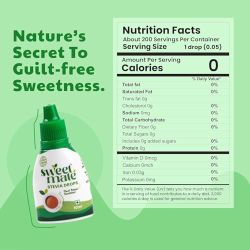 Image of Sweetmate Pure Stevia Drops (10ml, 200 Drops) - Zero Calorie, Diabetic Friendly, Sugar Free - Plant Based Natural Stevia Sweetener Liquid - Sugar Substitute (Pack of 2)
