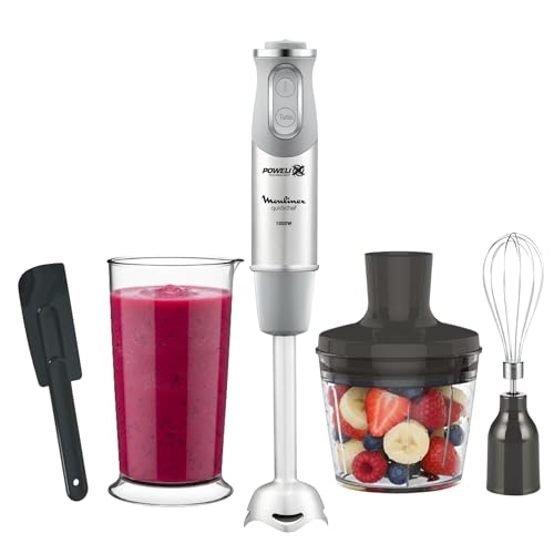 Moulinex Quickchef, Batidora de mano + Espátula, Pie metálico, 1000 W, 10 velocidades, Cuchillas Powelix, Picadora 500 ml, Vaso medidor 800 ml, Gris DD655DES