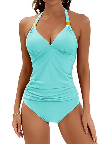 Image of B2prity Halter Tankini Swimsuit for Women Tummy Control Two Piece Bathing Suit V Neck Swimwear with Shorts