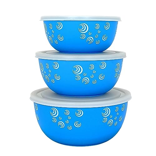 Image of Microwave Safe Stainless Steel Food Storage Container with Lid | Euro Mixing Bowl Set for Kitchen | 500ml, 750ml, 1250ml | Pack of 3 | Leak-Proof (Blue Spiral 3)
