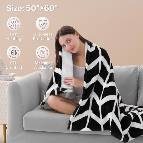 VENTIMI Electric Blanket Heated Throw, 50" x 60" Heated Blanket with 5 Heat Levels & 3 Hours Auto Off, Fast Heating Blankets with ETL & FCC Certification, Black
