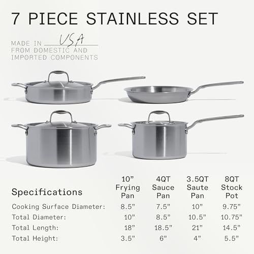 Image of Made In Cookware - 7 Piece Stainless Steel Cookware Set - 5-Ply Stainless Clad - Includes Frying Pan, Saucepan, Saute Pan, Stock Pot - Professional Cookware - Crafted in Italy - Induction Compatible