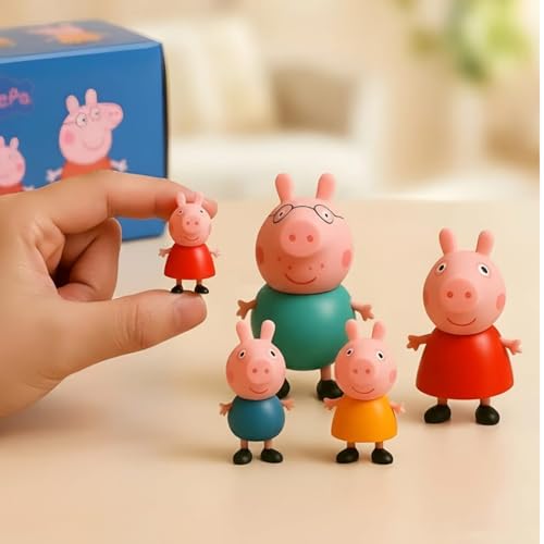 Image of ALCA Peppa Pig Family Toys Set of 4 - George, Mummy Pig, Daddy Pig & Grandparents | Movable Cartoon Figures Dollhouse & Car Play Set | Kids Toy for Boys & Girls 2+ Years | Birthday Return Gift