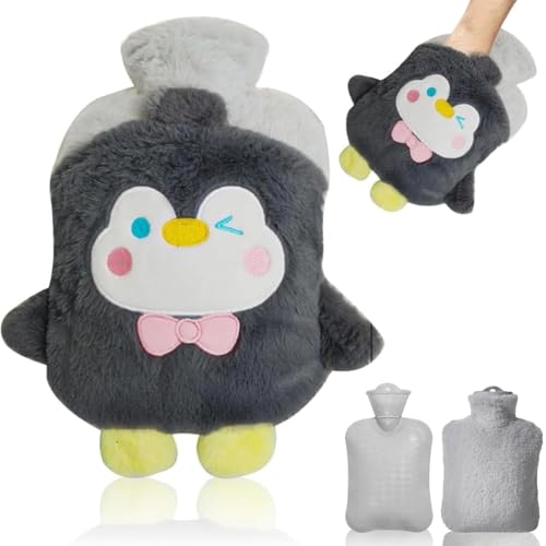 HSYTEK Mini Wärmflasche, Plüsch Flauschige Wärmflasche, 500 ML Weicher Wärmflaschen, Kuschelig Pinguin Wärmflaschen mit Auswechselbarem...