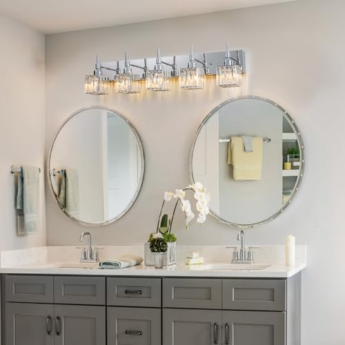 Image of 5 Light Chrome Crystal Bothroom Vanity Lights Over Mirror, Modern Bathroom Lighting Fixture,Wall Sconce for Mirror（Dressing Room, Entryway,Vanity Desk）