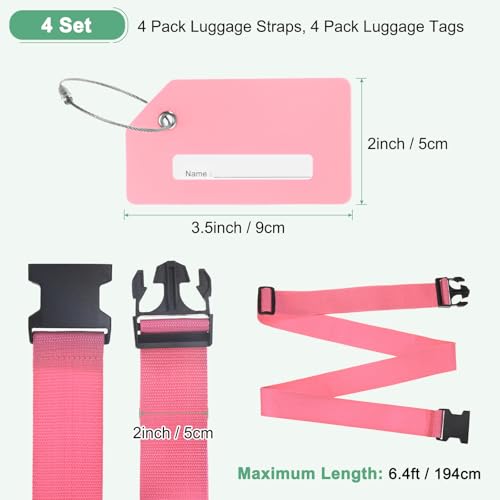 Image of M METERXITY 4-Sets Luggage Straps TSA Approved, Travel Straps for Luggage Suitcase Tags Set, Adjustable Suitcase Belt [Pink]