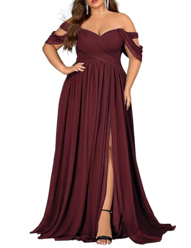 VOUIAO Women's Daily Plus Size Dresses A Line Chiffon Wedding Guest Bridesmaid Maxi Dress Prom Evening Party Cocktail Gown Wine red 3XL