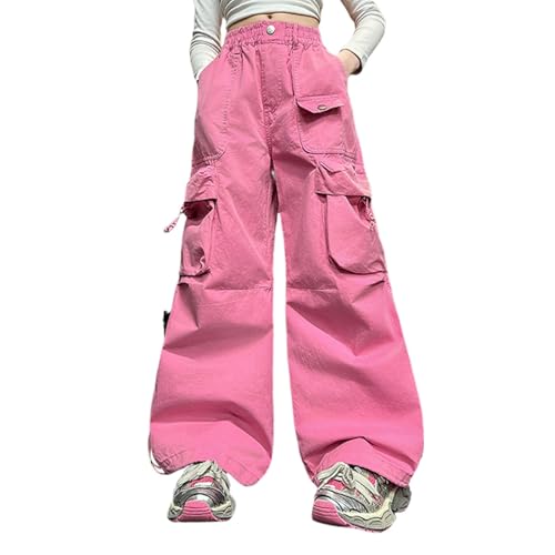Girl's High Waisted Cargo Denim Pants Casual Wide Leg Jeans with Pockets Girl Clothes Girls Uniform Pants