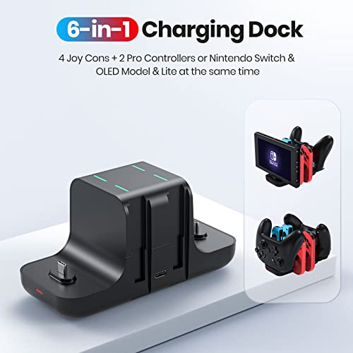 Image of NEWDERY 6-in-1 Charger Dock for Nintendo Switch Pro Controller and Joy con | Fast Charging Dock with LED Indicators, Compatible with Nintendo Switch / OLED / Lite, Includes USB-C Charging Cable