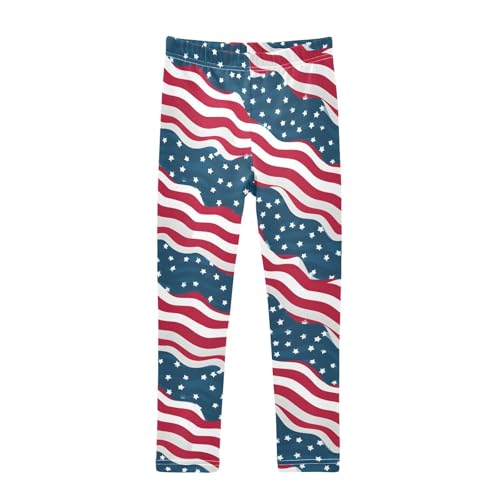 American Flag Wavy Red Stripes Girls Leggings Soft Stretch Workout Yoga Dance Pants for Kids Casual Tights