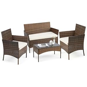 Sweetcrispy Patio Furniture Set 4 Pieces Outdoor Furniture with Soft Cushion and Glass Table All Weather Manual Weaving Wicker Rattan Patio Chairs for Garden Terrace Porch LawnsBrown