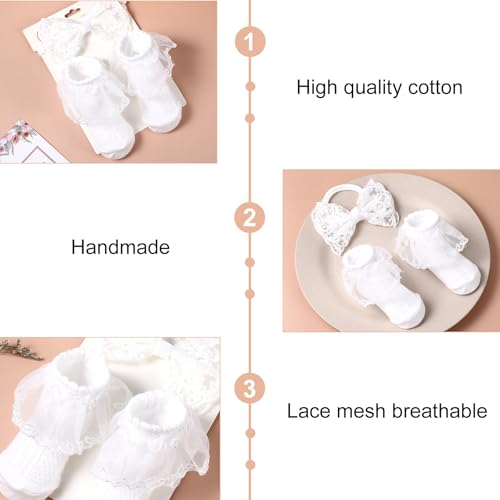 Baby Lace Bow Headband and Sock Set Toddler Ruffle Cotton Socks White Elastic Christening Headbands Hair Accessories for Infant Newborn (0-12 Months)4