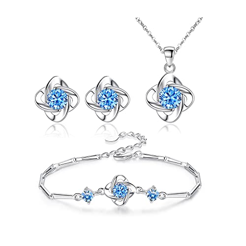 FFWTPY 3 Piezas Conjunto Joyería Nudo Celta Cristal Azul Collar Pulsera Pendientes Plata Brillante Elegante Mujer Adorno