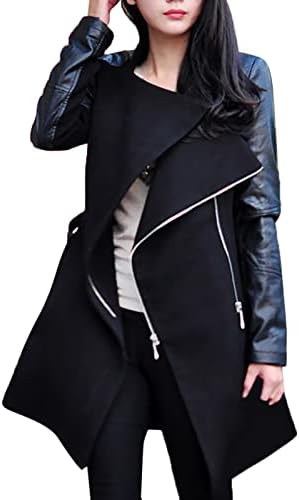 Leather Jacket for Women, Fashion Moto Biker Coat with 2 Zipper Pockets Slim Fit Mid Length Wool Duffle Coat for Winter Black