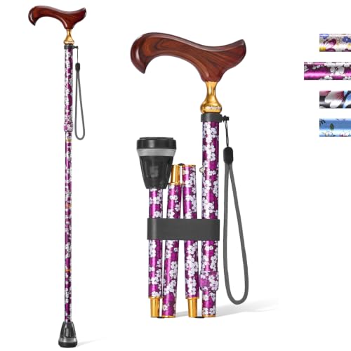 Rehand Walking Cane for Women & Men - 5 Level Adjustable Height，Foldable，Lightweight，Floral，Wooden Handle ，Collapsible Walking Sticks for Seniors & Adults (Cherry Blossom Purple)
