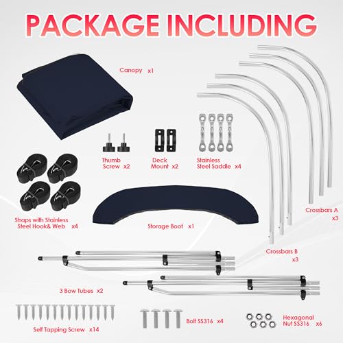 Image of Bimini Tops for Boats, Navy 3 Bow L6' x W67-72 x H46, 900D Polyester Bimini Top, 2 Rear Support Poles and Storage Boot, 4 Adjustable Nylon Straps