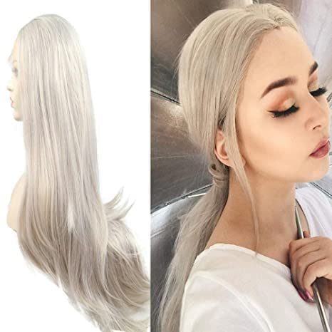 Xiweiya Long Silver Grey 13 * 4 Lace Front Wigs Light Pastel Silvery Color Synthetic Lace Front Wig Heat Resistant Fiber Half Hand Tied Wig 150-180% Density Hair 24 inch for Women