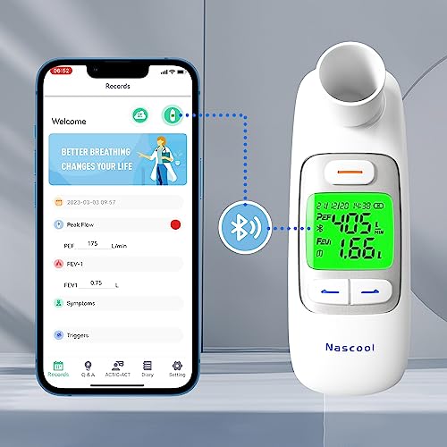 Nascool Upgraded Digital Peak Flow Meter For Asthma Adult, Kids W/Green Lcd Display, Home Spirometer Testing Device With Bluetooth App For Smart Asthma Monitoring #TOP2