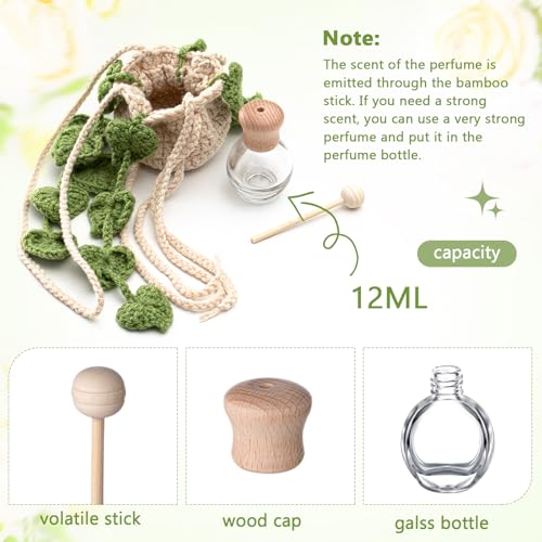 Image of DaisyInner Cute Crochet Plant Car Freshener 12ml Empty Refillable Diffuser Bottle with Plants Hanging Accessories for Ornaments Charms Rearview Mirror Home Office Decor Women Gifts(Leave)