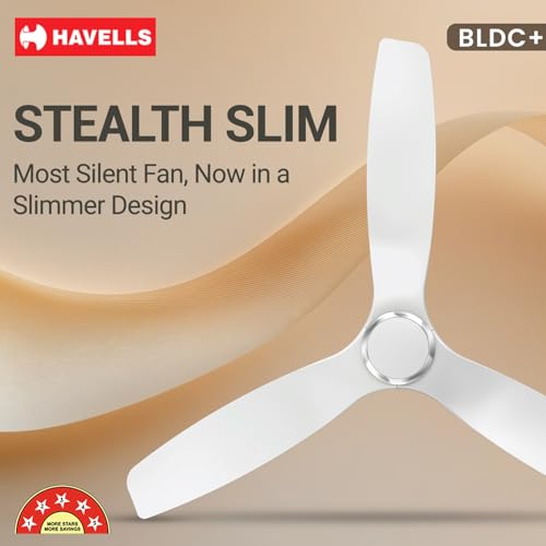 Image of Havells Stealth Slim BLDC 1200 mm Ceiling Fan | Remote Controlled, High Air Delivery Fan | 5 Star Rated, Upto 50% Energy Saving, Reverse Rotation, 2 Year Brand Warranty | (Pack of 1, Satin White)