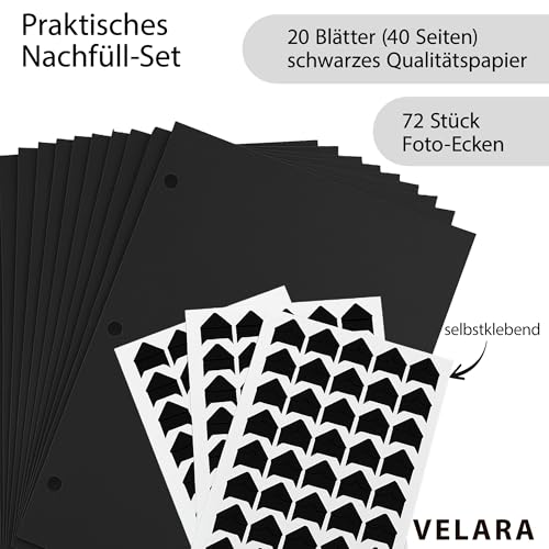 Velara Fotoalbum Zubehör | 20 schwarze Premium Seiten 21x28 cm und 72 selbstklebende Fotoecken | Nachfüll-Set für das Velara Fotobuch