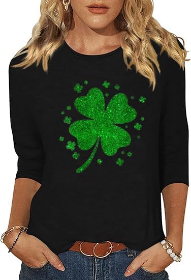 3/4 Sleeve Shirts for Women St Patrick's Day Shamrock Clover Graphic Shirts Lucky Irish Festival Party Tops