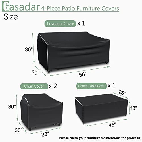 Gasadar Outdoor Furniture Cover Waterproof, 4 Piece Patio Furniture Covers for Patio Loveseat, Chair and Coffee Table, Heavy Duty 600D, Black