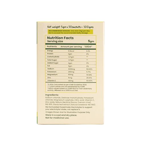Image of Sweetmate Sugar Free Lemon Lime Electrolyte Drink Mix Sweetened With Stevia - 5g (10 Sachet) No Preservatives and Chemicals| Offers 10x more Electrolyte | Keto Friendly, Vegan