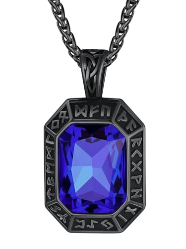 Image of ChainsHouse Viking Rune Pendant Necklace for Men Women, Punk Biker Black Metal /316L Stainless Steel Onyx Norse Vintage Amulet Necklaces with Black /Red /Green /Blue Gemstone, Send Gift Box