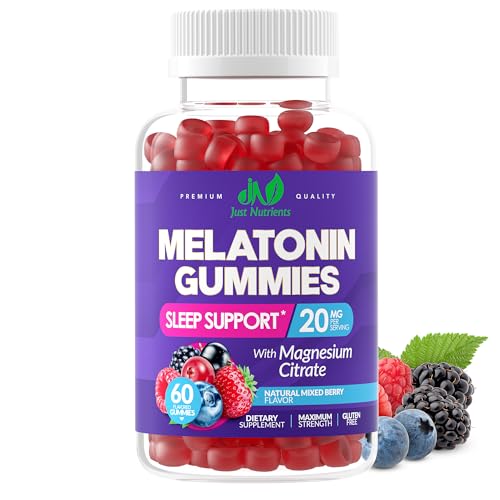 Melatonin 20mg Gummies with Magnesium Citrate - Maximum Strength Sleep Aid for Adults with 10mg of Melatonin Per Gummy - Gluten-Free Non-GMO Vegetarian Mixed Berry Flavor - 60 Gummies