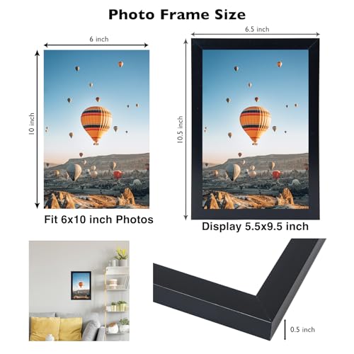 Image of JCJMY 6x10 Picture Frame Black for Wall Hanging or Tabletop, Wall Mounting Horizontally or Vertically, 6 x 10 Wall Gallery Poster Photo Frame with Shatter Resistant Plexiglass, Black