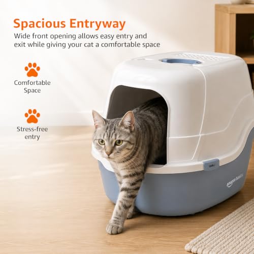 Image of Amazon Basics No-Mess Enclosed Cat Litter Box | Hooded Cat Washroom with Privacy Door | Blue + White | 42 X 49 X 63 cm| Suitable for Kittens & Adult Cats