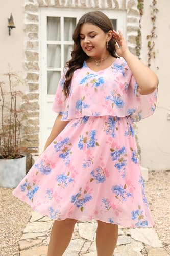 Image of Keluummi Plus Size Wedding Guest Dress for Curvy Women, Boho Floral Empire Waist Midi with Sleeve